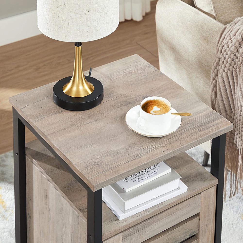 Kadyn End Table, Steel Side Table with Open Shelf and Door, Inner Adjustable Shelf, Bedside End Table for Bedroom, Greige and Black Kadyn End Table, Steel Side Table with Open Shelf and Door, Inner Adjustable Shelf, Bedside End Table for Bedroom, Greige and Black