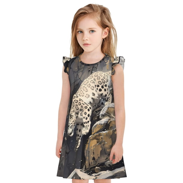 Fotbe Graceful Snow Leopard Vestido de Dormir para Niñas de 3 a 10 Años, Mangas Cortas, Estilo Princesa, Pijama Camisón con Mangas Voladas-Medium