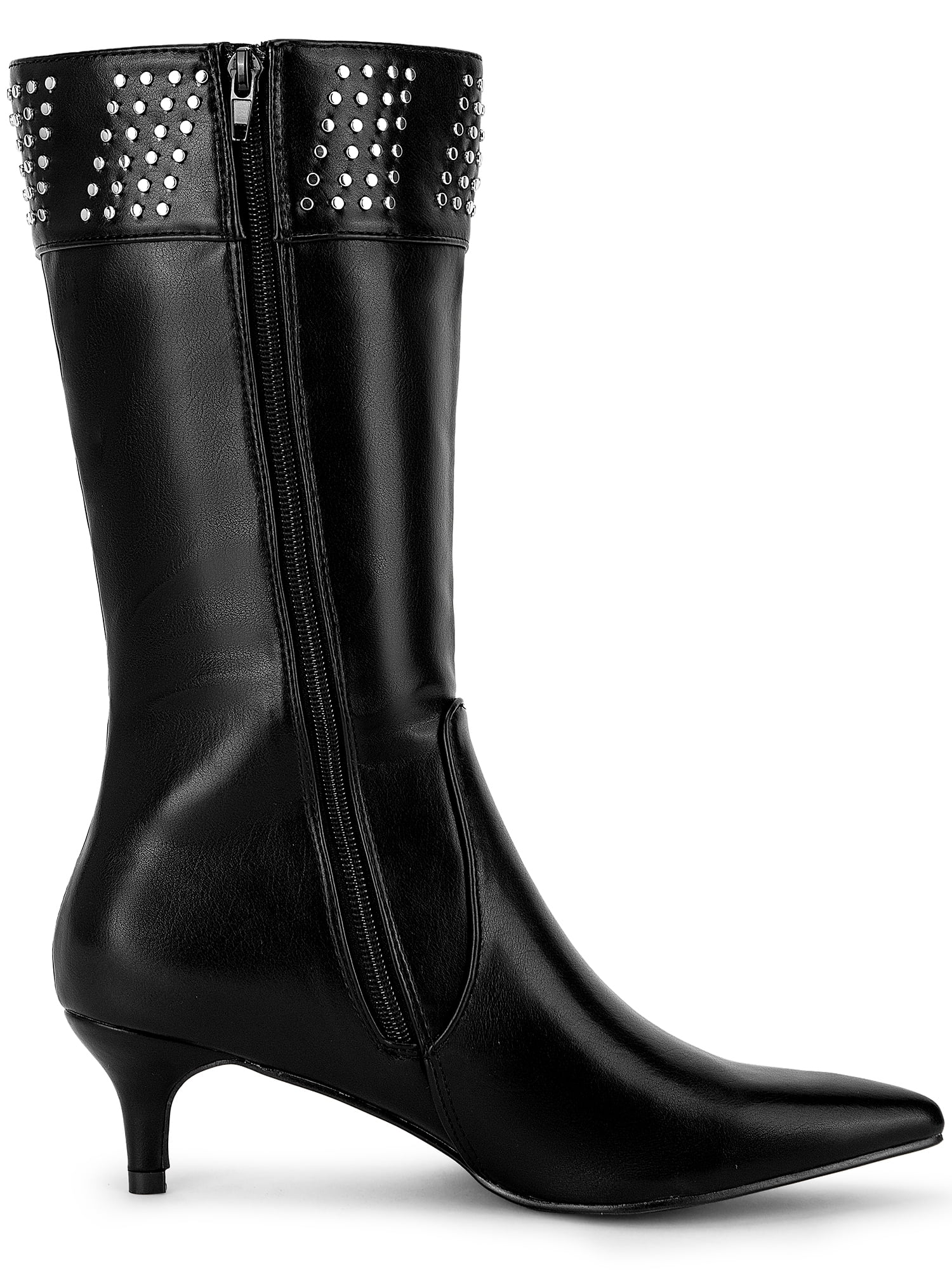 DARING DIVA Women's Stylish Pointed Toe Kitten Heel Knee High Boots Black 8.5