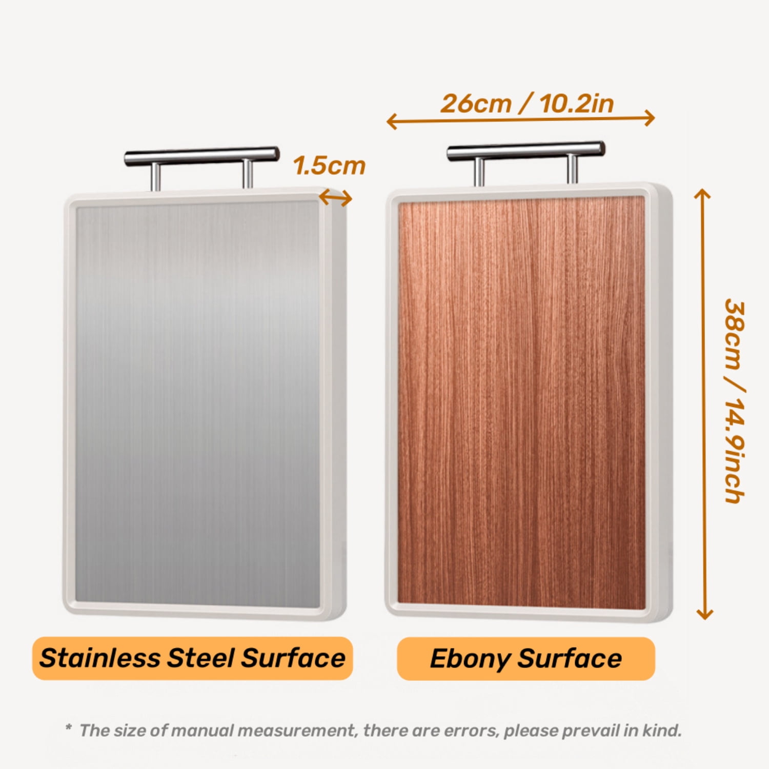 Dingrich Double-Sided Cutting Board for Kitchen, 15x10inch Chopping Board with Non-Slip Suspension Handle, Ebony Wood and Stainless Steel Sides for Cutting Diverse Ingredients, 1 Pack