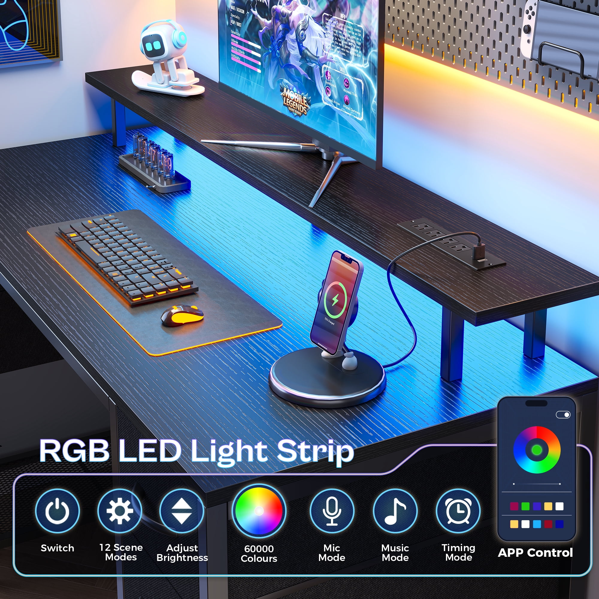 Amadwell 47" Gaming Computer Desk with LED Lights, Power Outlets, Home Office Writing Desk with 4 Drawers, Black