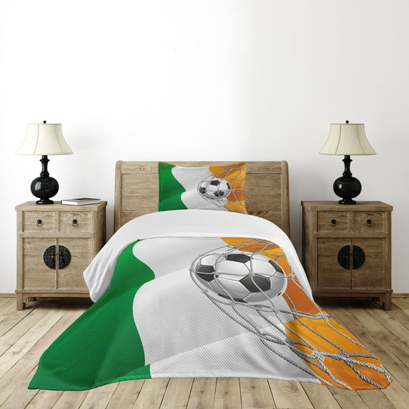 Ambesonne Irish Quilted Bedspread Set 2 Pcs, Soccer Ball in Net Goal, Twin Size, Multicolor