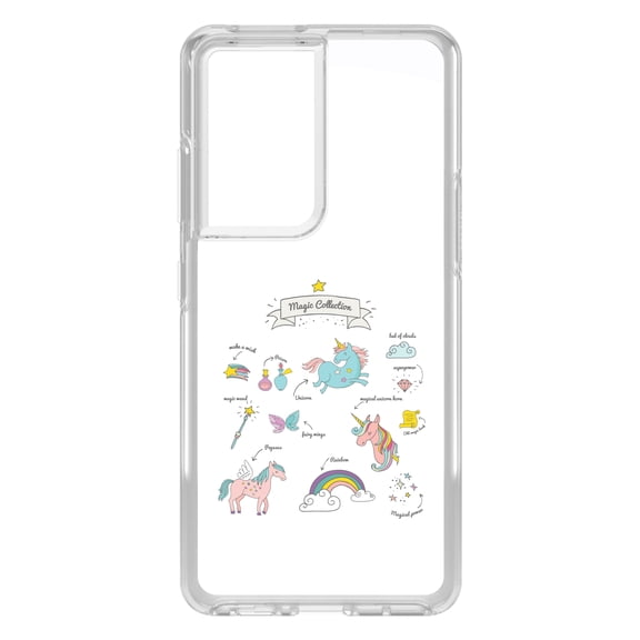 DistinctInk Clear Shockproof Hybrid Case for Galaxy S21 ULTRA 5G (6.8" Screen) - TPU Bumper, Acrylic Back, Tempered Glass Screen Protector - Magic Collection White - Unicorn, Rainbow