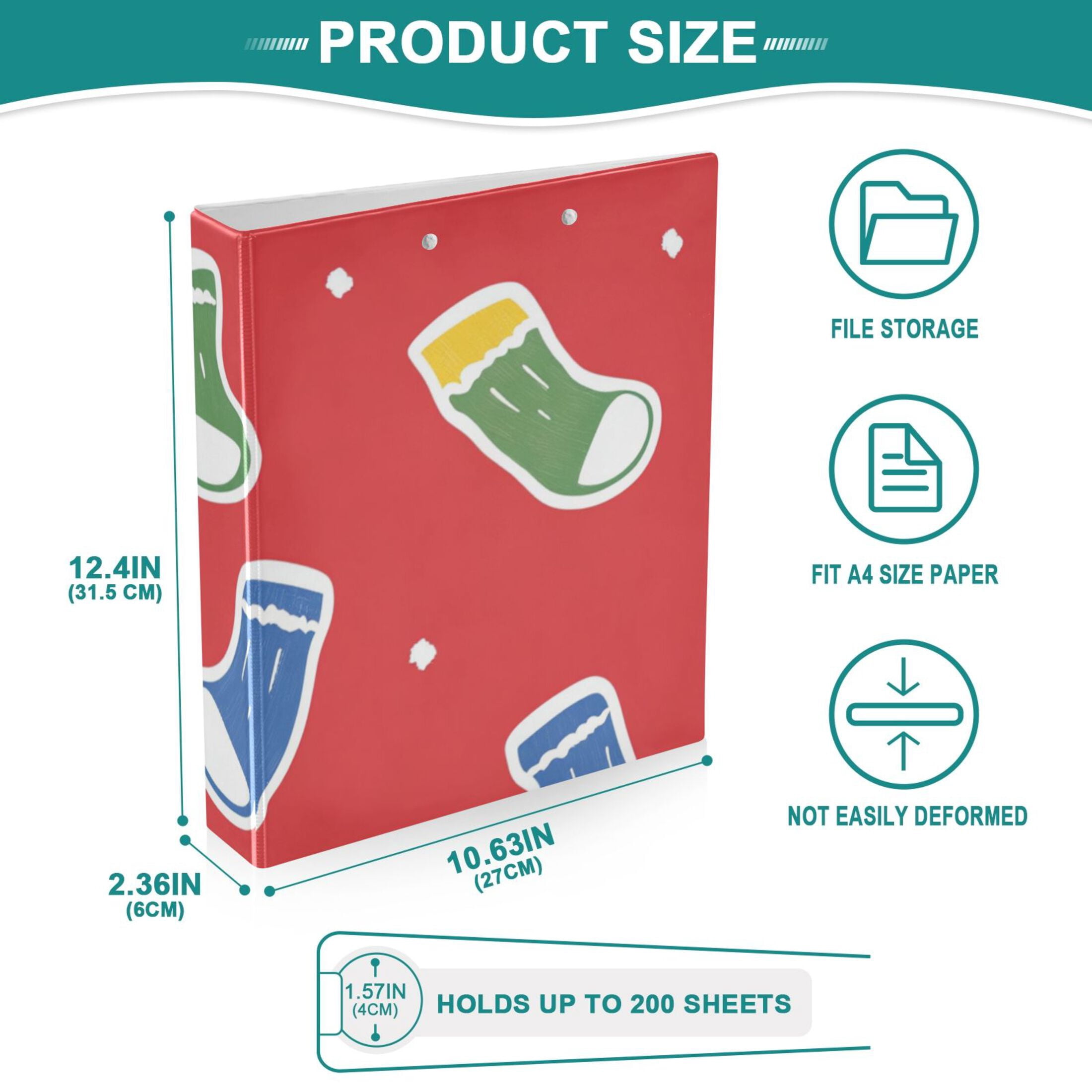 Christmas Colorful Socks 3 Ring Binders 1.5 inch Hardcover File Folders with Interior Pockets A4 Size Organizer for School Office Hospital