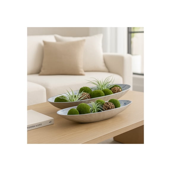 Decorative Metal Oval Bowl for Coffee Table Decor - Centerpiece Table Decorations and Home Decor Accents - Elegant Kitchen Counter Decor, Key or Candy Bowl - Set of 2, 5", 4", Blue & Metallic