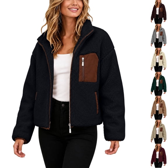 Husipze Women Stand Collar Short Sherpa Fleece Jacket Full Zip Long Sleeve Short Fall Winter Coat Fuzzy Teddy Outerwear with Pockets Black S