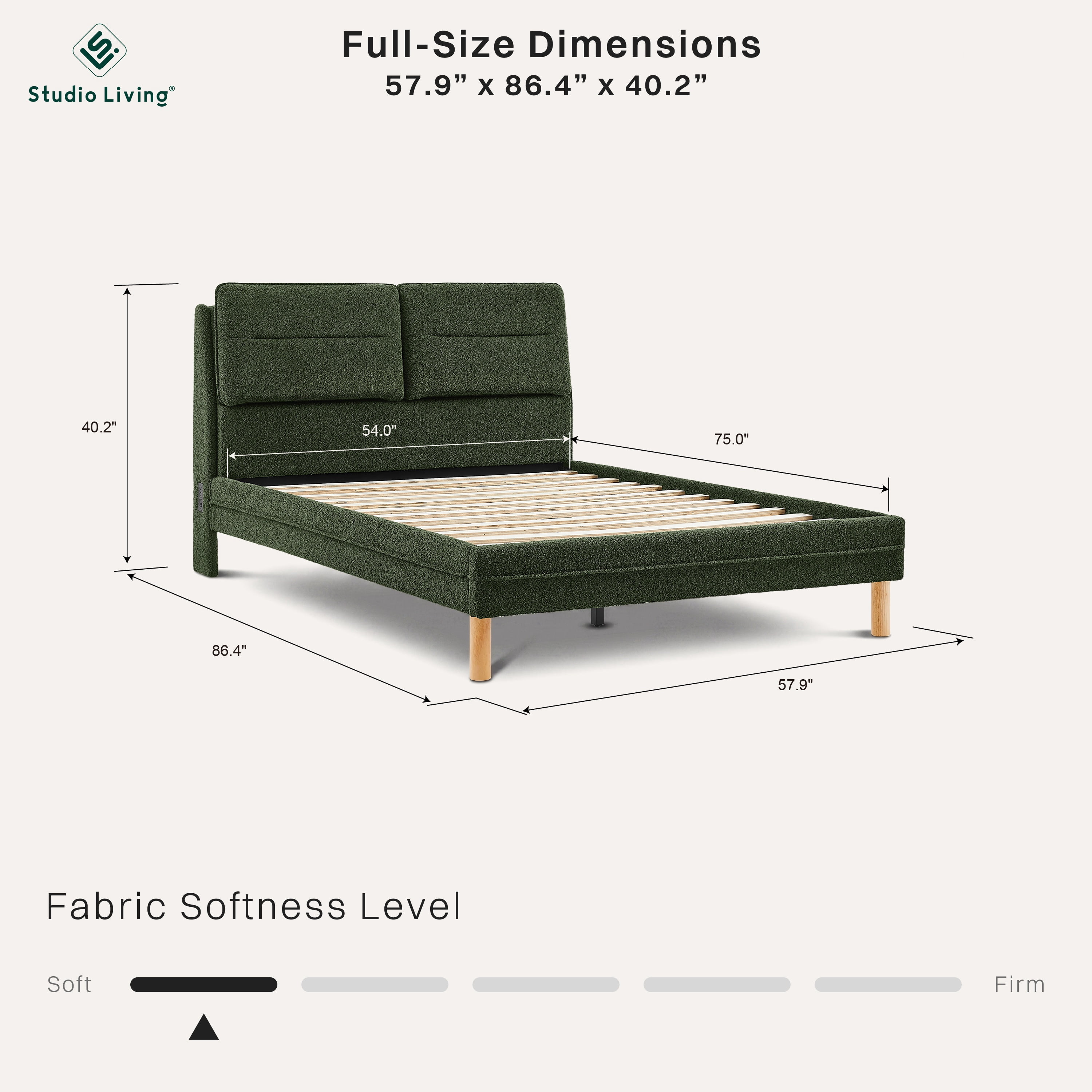 Studio Living Emilia Upholstered Full Size Bed with Storage Headboard, Green