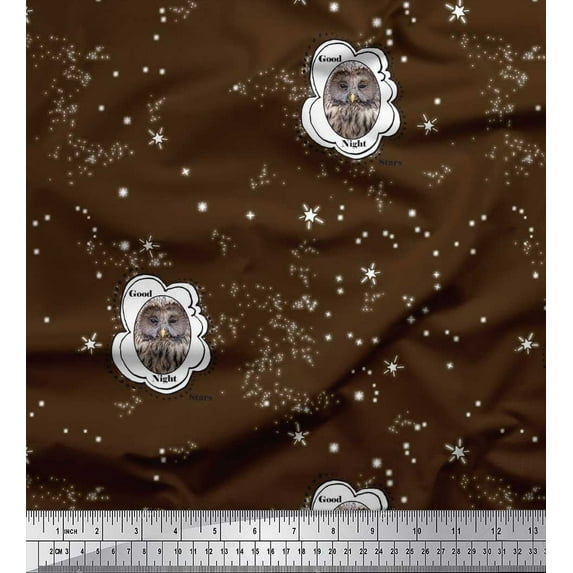 Soimoi Japan Crepe Satin Fabric Star & Owl Bird Printed Craft Fabric by The Yard 42 Inch Wide