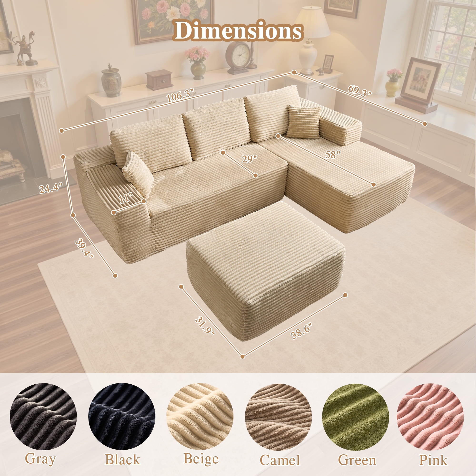 Ovios 106" Cloud Sofa Couch No Assembly Boneless Deep Seat Sofa with Ottoman for Living Room, Beige (Plush Corduroy)