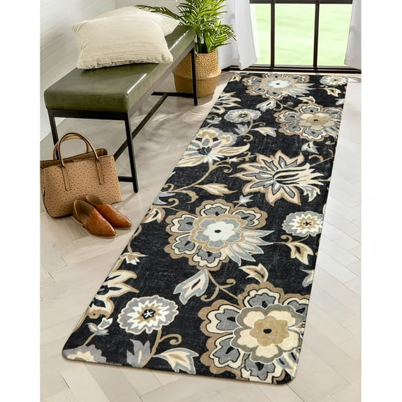 Lahome 2'x6' Floral Hallway Runner Rug,2x6 Washable Non-Slip Carpet Runner, Throw Low-Pile Stain Resistant Laundry Room Rug Kitchen Runner Black Paisley Print Rug Runner for Bedroom Entryway Bathroom