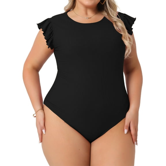 DARING DIVA Women's Plus Ruffle Sleeveless Slim Fit Stretchy Bodysuit 1X Black