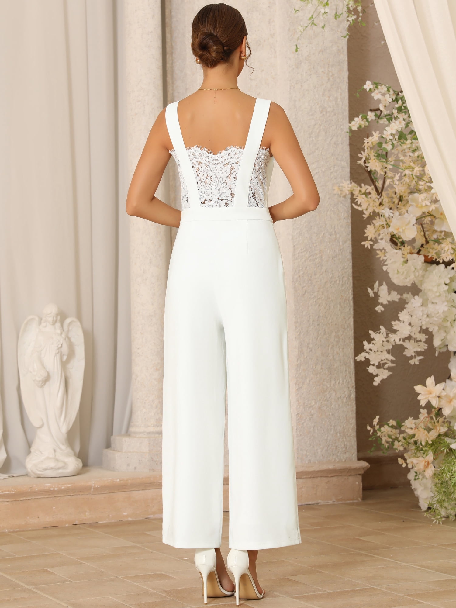 DARING DIVA Women's Cocktail V Neck Lace Backless Wide Legs Small White