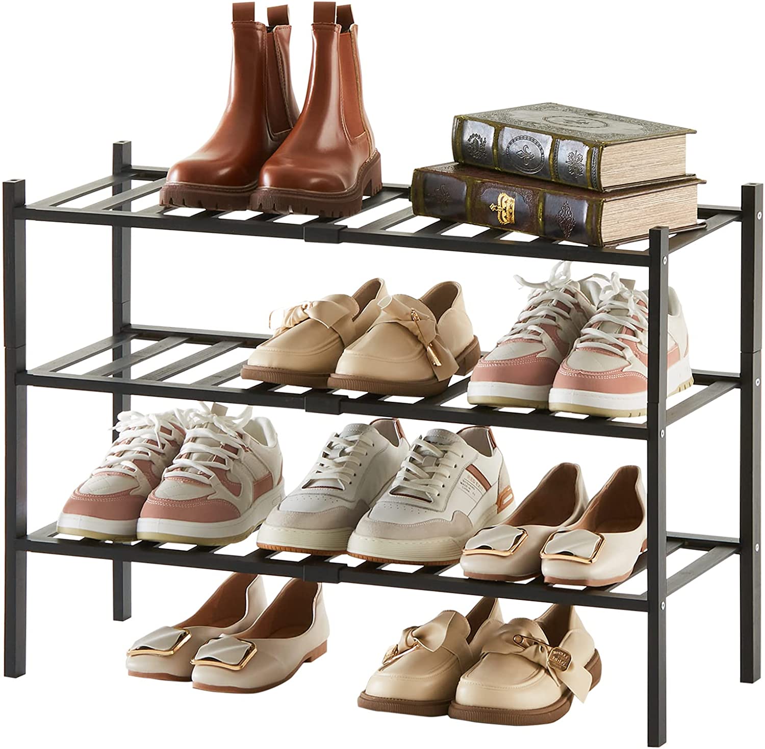 Bamboo Shoe Rack 3 Tier Stackable Shoe Shelf 1 + 2 Tier Small Shoe