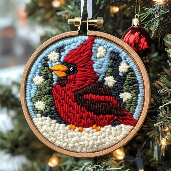 DIY Punch Needle Kits for Beginners Northern Red Cardinal Christmas with Hoop Punch Needle Starter Craft Embroidery Set Easy for Adults and Children Festival Gift and Decoration 20x20cm-1