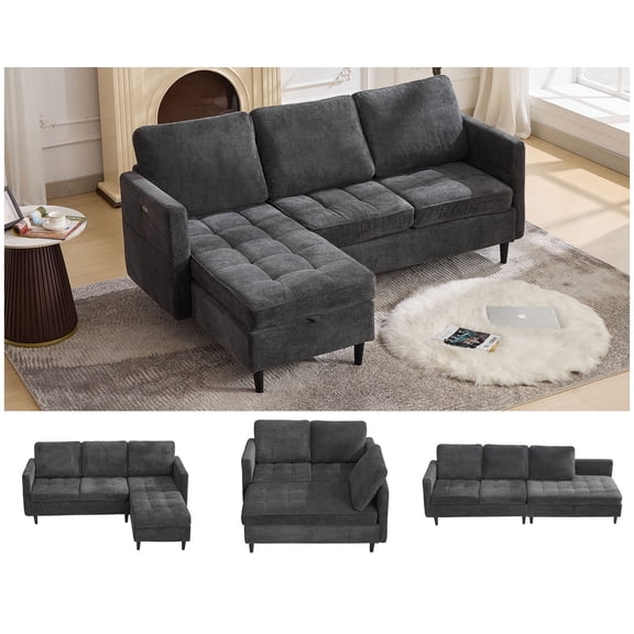 4-in-1 Sectional Couches with Storage Chaise, 77.6" L-Shaped Sectional Sleeper Sofa with Type-C & USB Port & Side Pocket, Comfy Chenille 3-Seat Modular Couch for Bedroom/Living Room, Grey