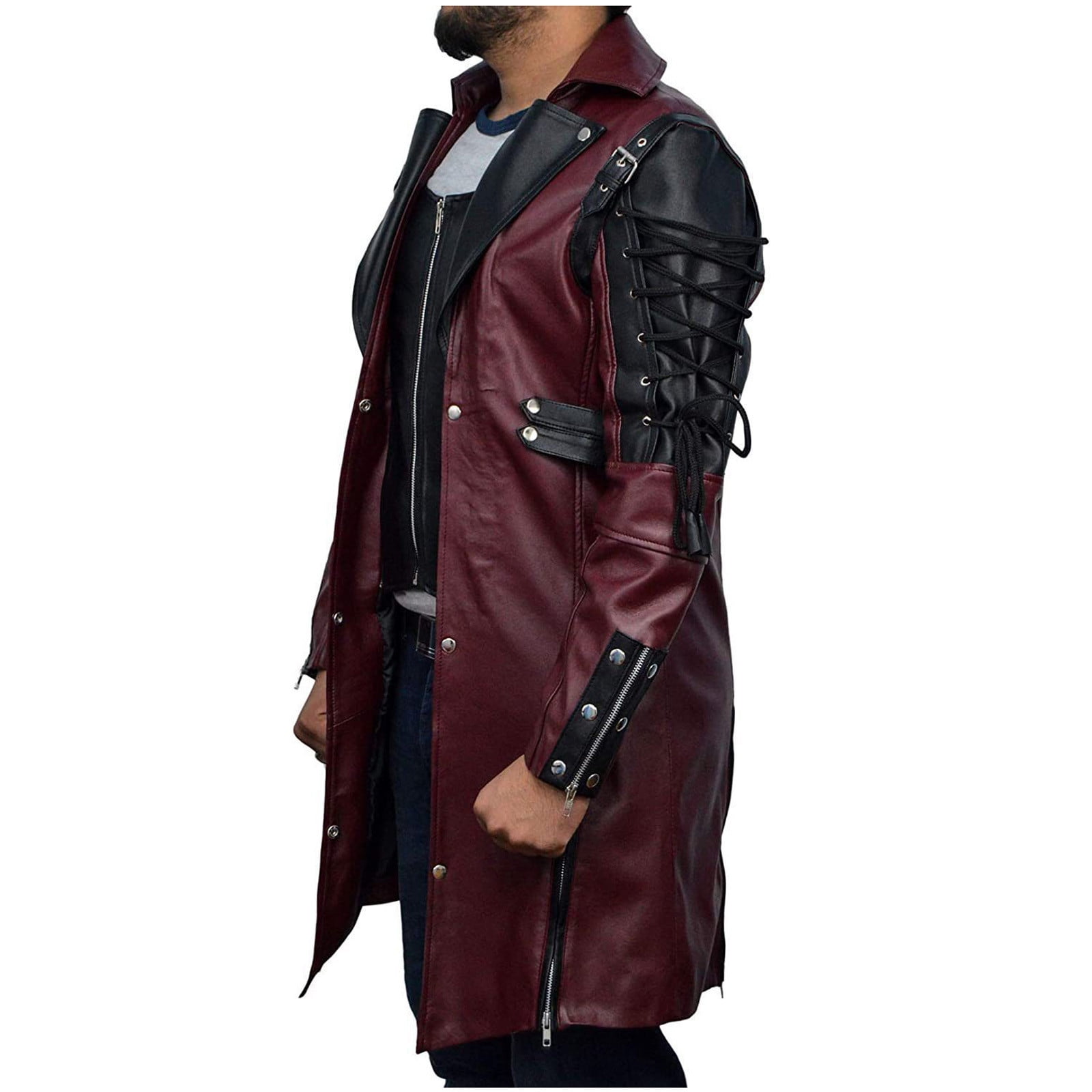 Nmnitkp Leather Jacket Men High Cost Performance Punk Rave Poison Black & Maroon Jacket Mens Faux Leather Goth Steampunk Military Coat Plus Size with Zipper Pockets