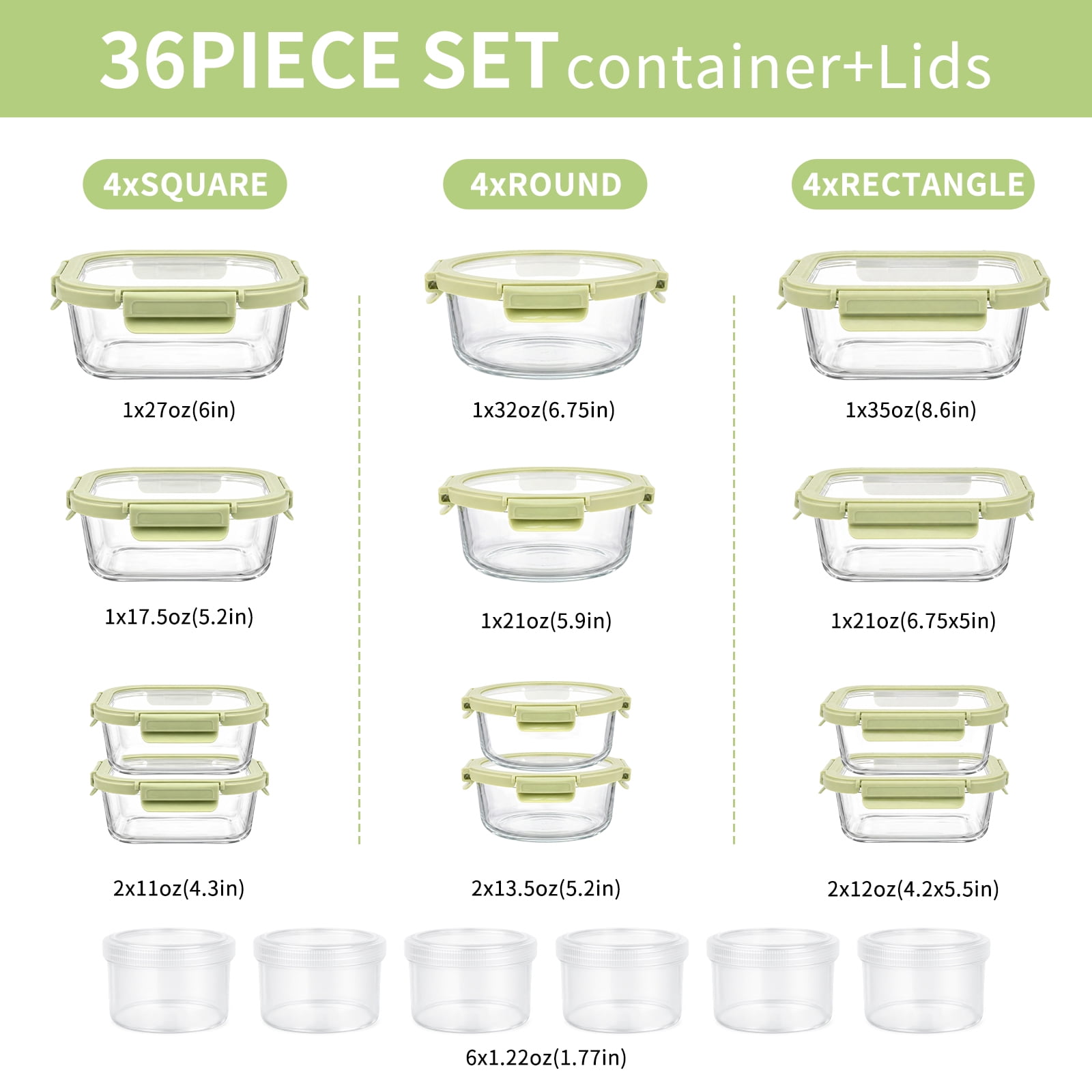 36 Pcs Glass Food Storage Containers with Tempered Lids Set, Borosilicate Oven-Safe(-4°F~950°F), Airtight Meal Prep Lunch Box Containers (18 Containers & 18 Lids), Green