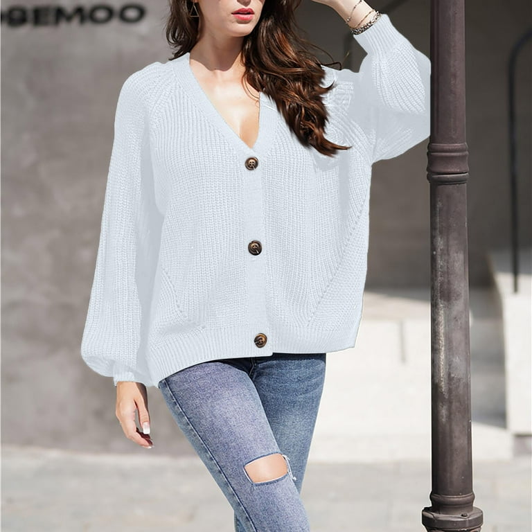 Women Cardigan Solid Color Button V Neck Knit Warm Loose Sweater