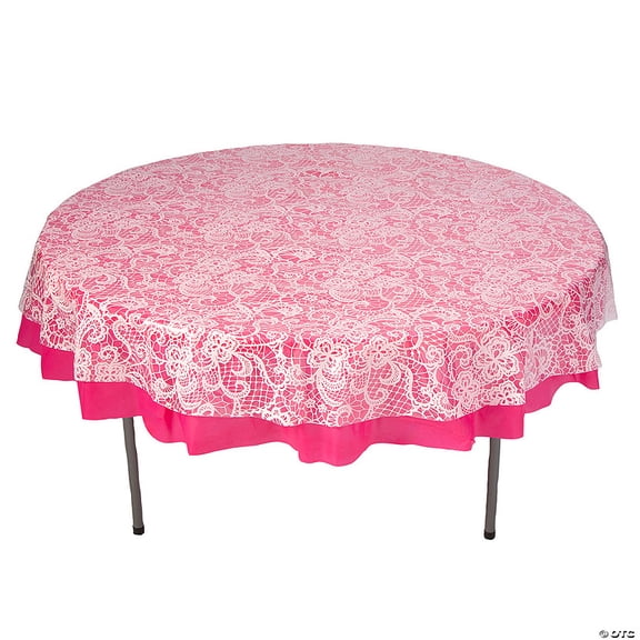 White Lace-Printed & Hot Pink Round Disposable Plastic Tablecloth Kit - 2 Pieces