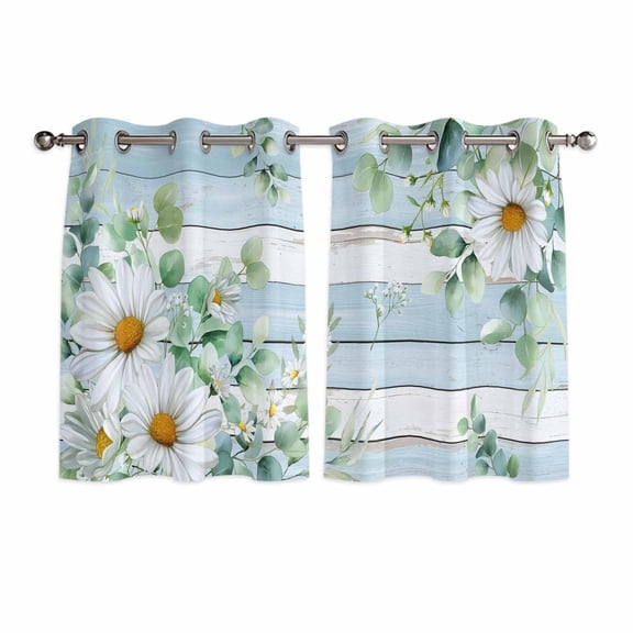 Daisy Spring Floral Kitchen Curtains Window Panels, Eucalyptus Leaves Watercolor Wooden Insulated Window Treatment Curtain, Grommet Curtains for Bedroom/Living Room/Bathroom, 2 Piece 42"Wx54"L
