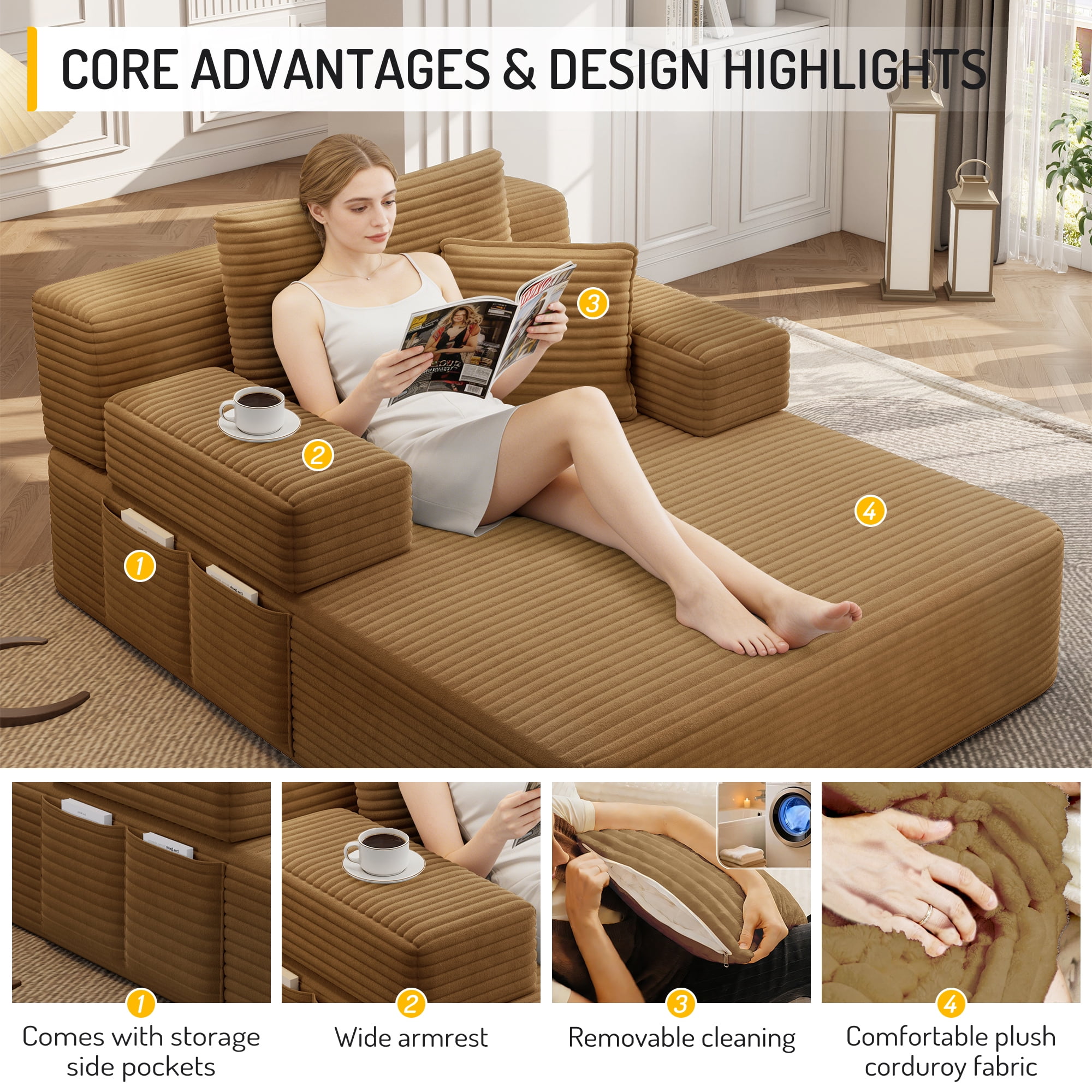 Anpport 60.2" Plush Corduroy Chaise Lounge, Frameless Convertible Sleeper Sofa Bed with Storage Pockets, 3 Soft Pillows, No Assembly, Camel