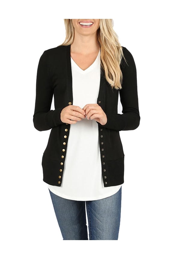 Womens V Neck Snap Button Long Sleeve Knit Cardigan