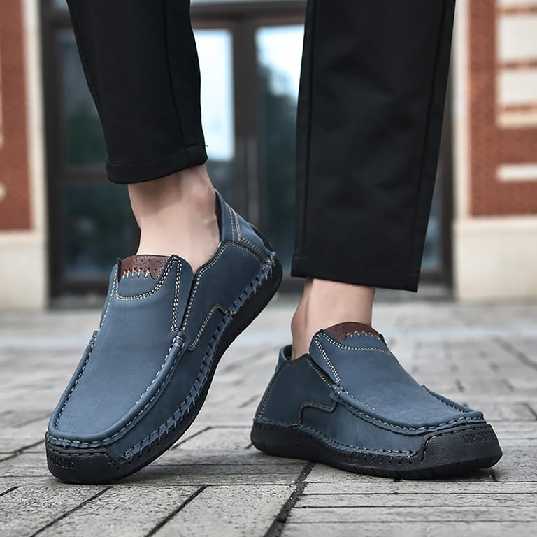 light blue mens dress shoes Luxe Linen & Leather: Blue/Beige Wingtip Lace Genuine Leather For Added Durability and Traction Country Of Origin Men's Blue Suede Slip On