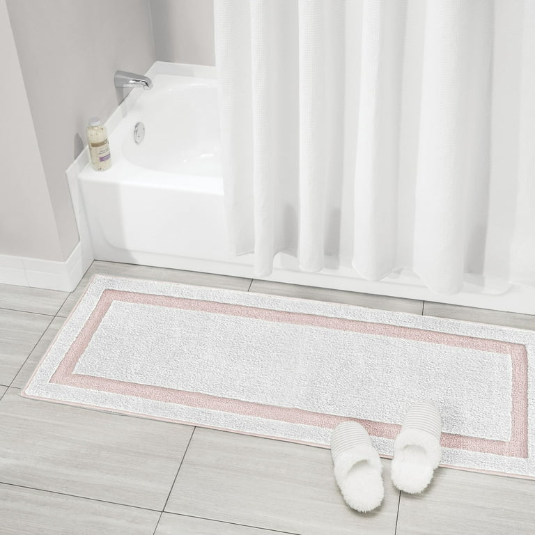 mDesign Large Bath Mat Runner - Non-Skid Bathroom Runner - Pure White/Light  Pink 