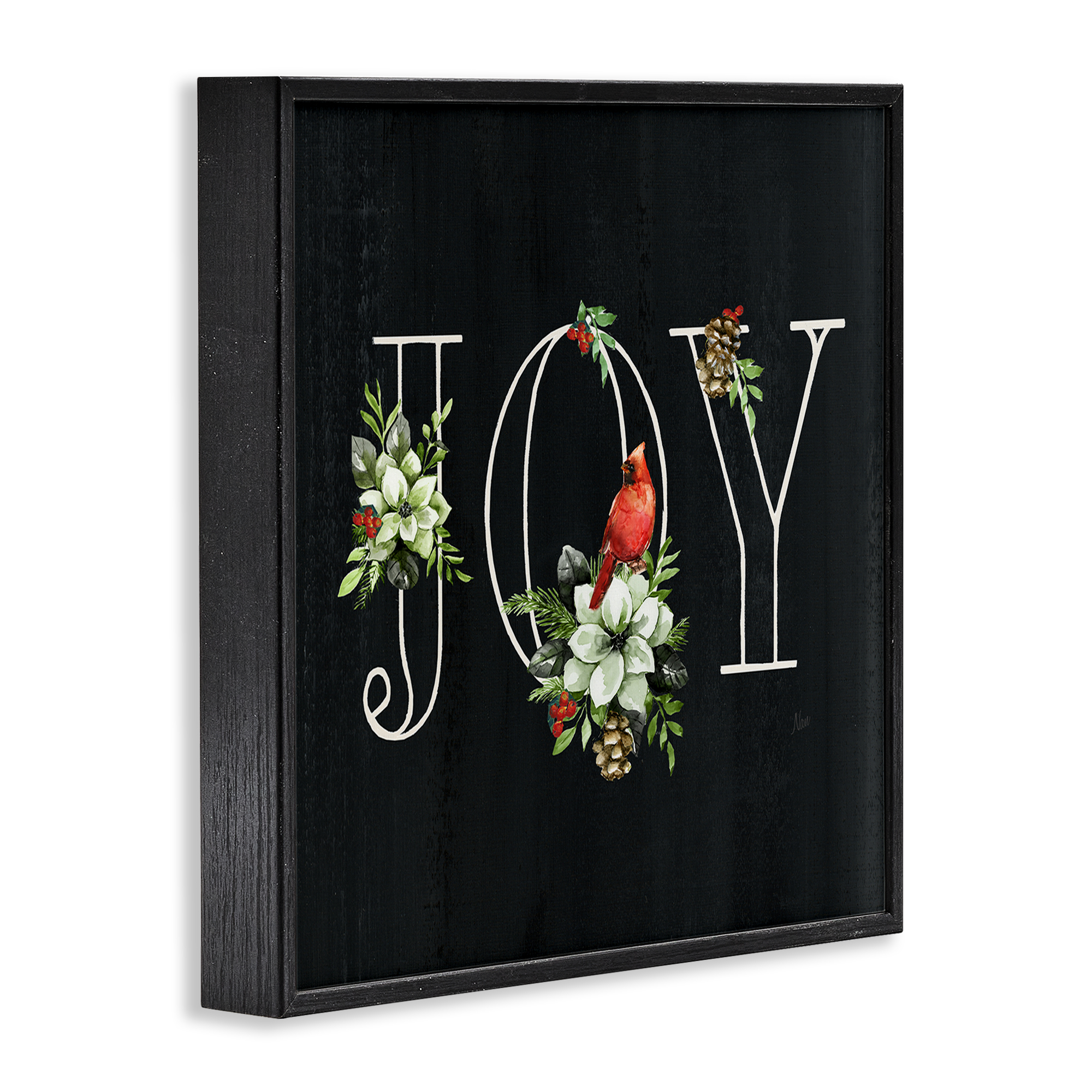 Stupell Industries Joy Letters with Florals Holiday Painting Black Framed Art Prints Wall Art, 24 x 24