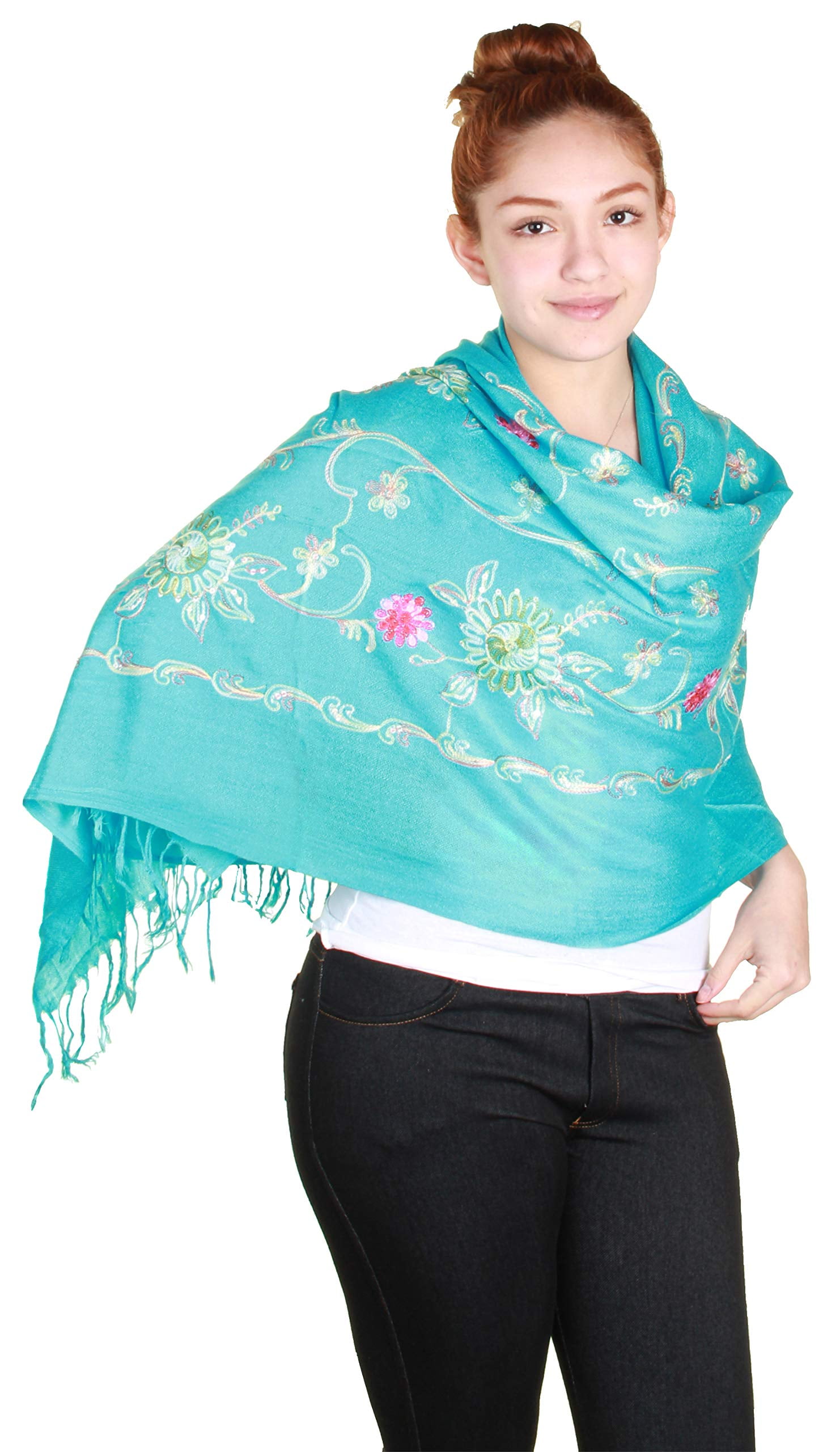 Paisley Sea Green and Multi Coloured Embroidered Shawl Ladies -  UK
