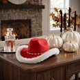 thumbnail image 6 of Furry Fluffy Trim Halloween Western Cowboy Hat with Decorative Band, Wide Brim Fashion Headwear, Stylish Accessory for Halloween Parties, Concert, Festival Celebrations and Trendy Outfit Red, 6 of 10
