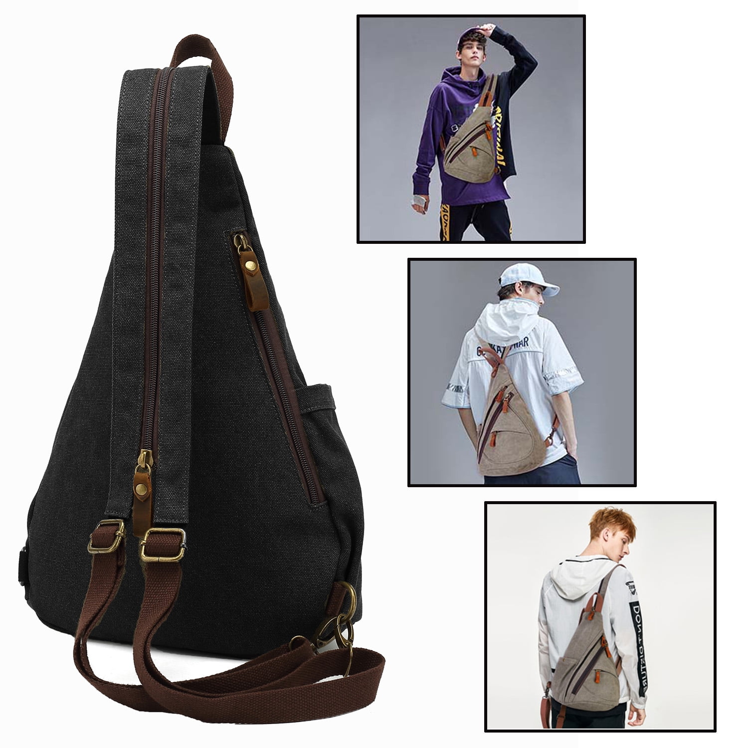Egoelife Sling Bag Backpack Crossbody Shoulder Chest Bag for Men Women Vintage Canvas Daypack Multipurpose - Black