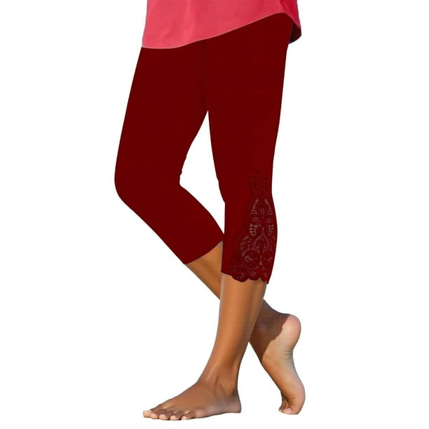 Pantalones pitillo lisos para mujer, leggings con parche de encaje perforado, poliéster y spandex, elegantes y casuales, tallas S-XXL