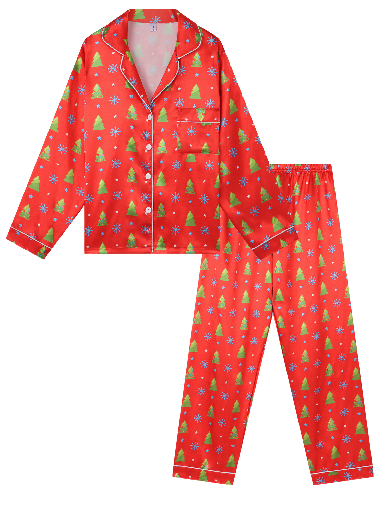 DARING DIVA Men's Christmas Family Satin Long Sleeve Tree Print Pajamas Sets 2XL Red