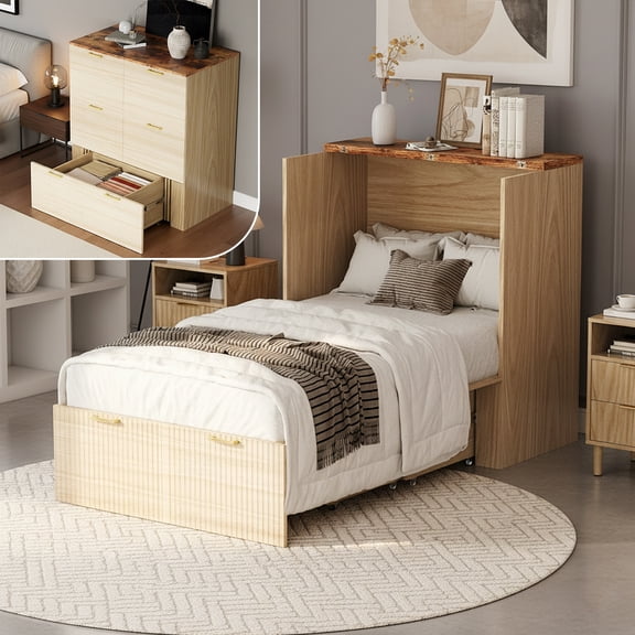 Zimtown Twin Size Murphy Bed with Storage Drawer, Space-Saving Foldable Cabinet Bed Frame, Wood Color