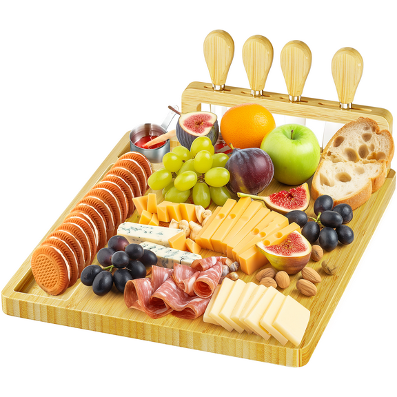 Secura Bamboo Cheese Board, Charcuterie Boards Set Cheese Platters Wood Serving Board and Knife Set with Knife Stand for Wine Wedding Housewarming Gifts