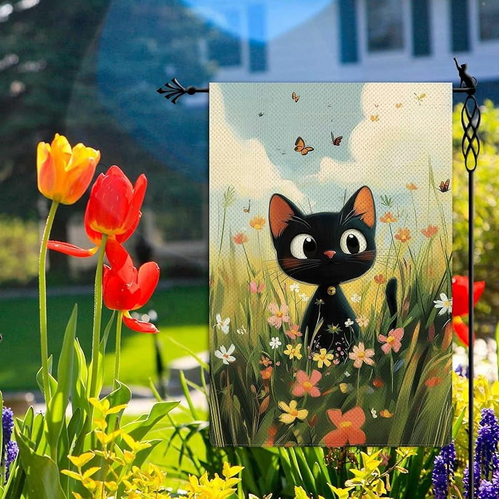 Spring Cute Black Cat Garden Flag Spring Summer Butterfly Floral Flowers Garden Flag Vertical Double Sided Rustic Farmland Burlap Yard Lawn Outdoor Decor