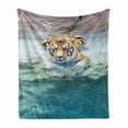 thumbnail image 1 of Safari Soft Flannel Fleece Blanket, Picture of a Bengal Tiger Lying near Water Wild Life Cave Stone Clear Water, Cozy Plush for Indoor and Outdoor Use, 50" x 60", Teal Cream Mustard, by Ambesonne, 1 of 5