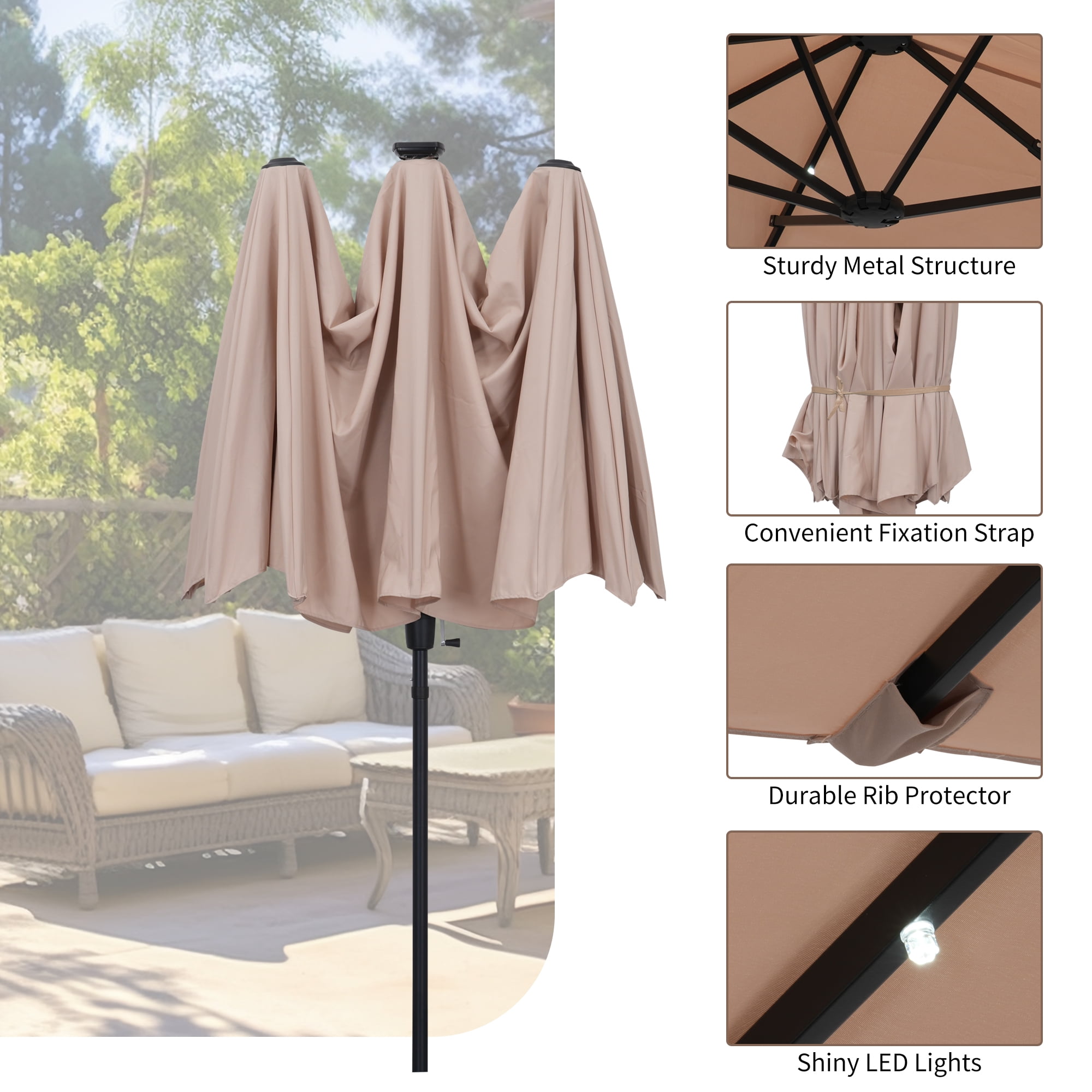 Autlaycil 13ft Solar Patio Umbrella with 36 Solar Powered LED Lights and Crank System for Garden, Deck, Poolside, Outdoor - Beige