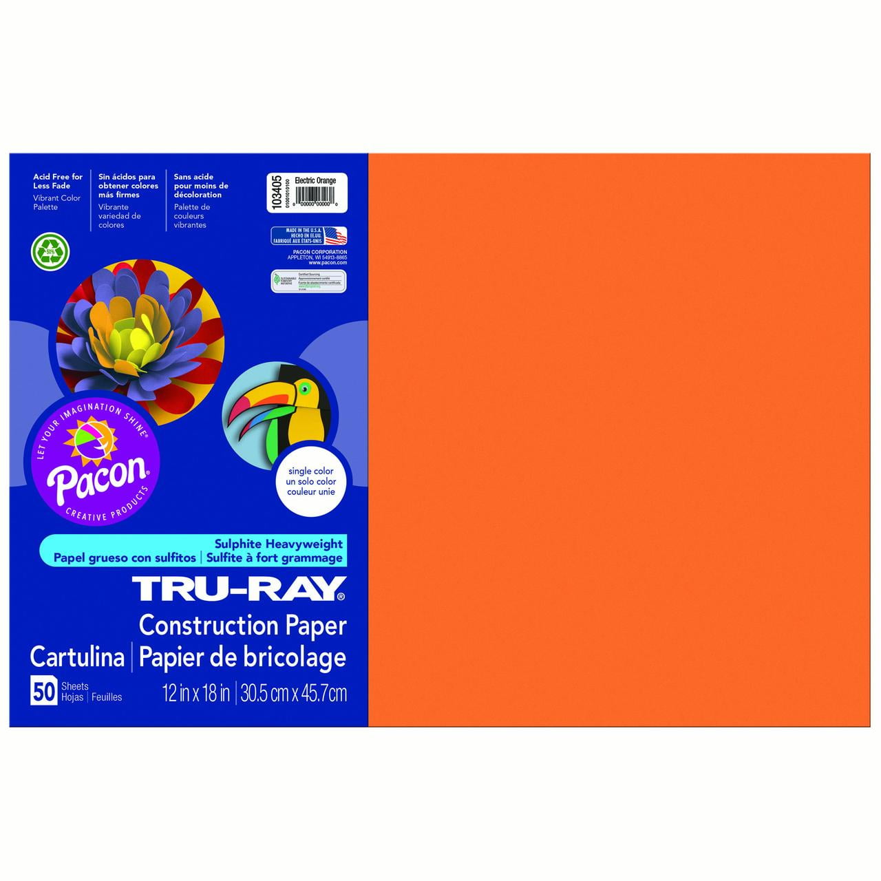 Pacon® Tru-Ray® Construction Paper, 12' x 18', Electric Orange - 50 Sheets per pack, 3 packs