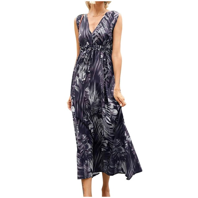 Femmes Summer Floral Imprimé Robe à Manches Courtes Robe Serrée Beach Robe Robe Soleil Volantée Longue Robe Fluide
