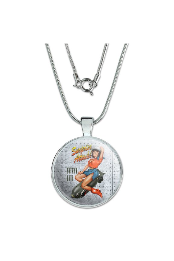 Surprise Attack Pin Up Girl Missile 1" Pendant with Sterling Silver Plated Chain