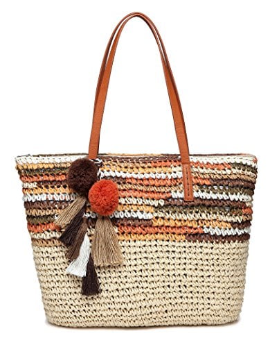 Daisy Rose Large Straw Beach Tote Bag with Pom Poms and Inner Pouch ...