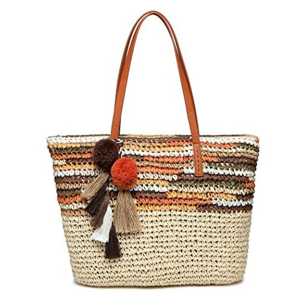 Daisy Rose Large Straw Beach Tote Bag with Pom Poms and Inner Pouch ...