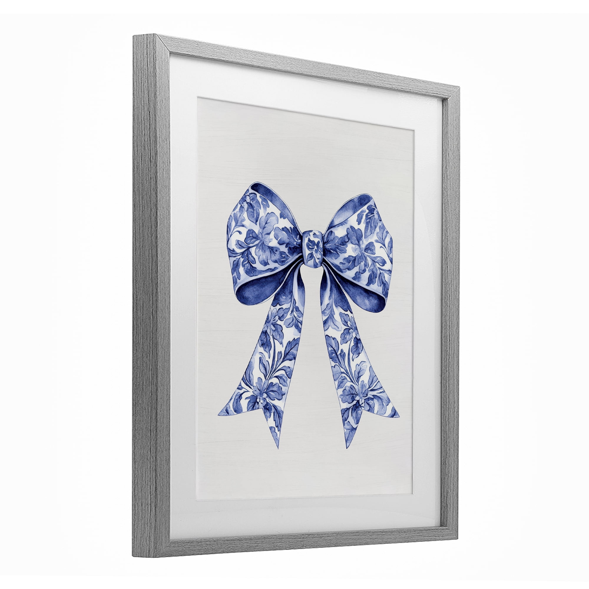 Vintage Toile Flower Ribbon Gray Framed Print Under Glass, design by Lettered and Lined