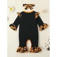 thumbnail image 4 of Seyurigaoka 2 Pcs Baby Girls Jumpsuits Outfit Halloween Pumpkin Letter Printed One-Pieces Long Sleeves Ruffle Romper and Headband Set for 0-24M Toddler Kids, 4 of 9