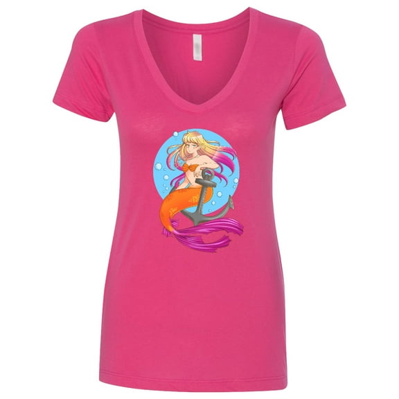 Inktastic Nautical Orange and Pink Mermaid Sitting on Anchor Women's V-Neck T-Shirt