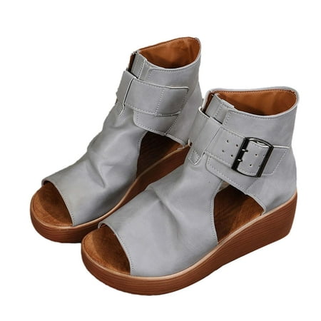 

Honeeladyy Fashion High-top Wedge Sandals Thick-soled Fish Mouth Roman Sandals Women s Height Increasing Shoes Gray Sales