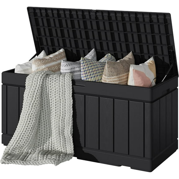 RONG-3 80 Gallon Deck Box, Waterproof Resin Outdoor Storage Box for Outside and Patio, Outdoor Storage Bench Lockable for Patio Furniture, Garden Tools and Pool Supplies (Black, 80 Gallon)