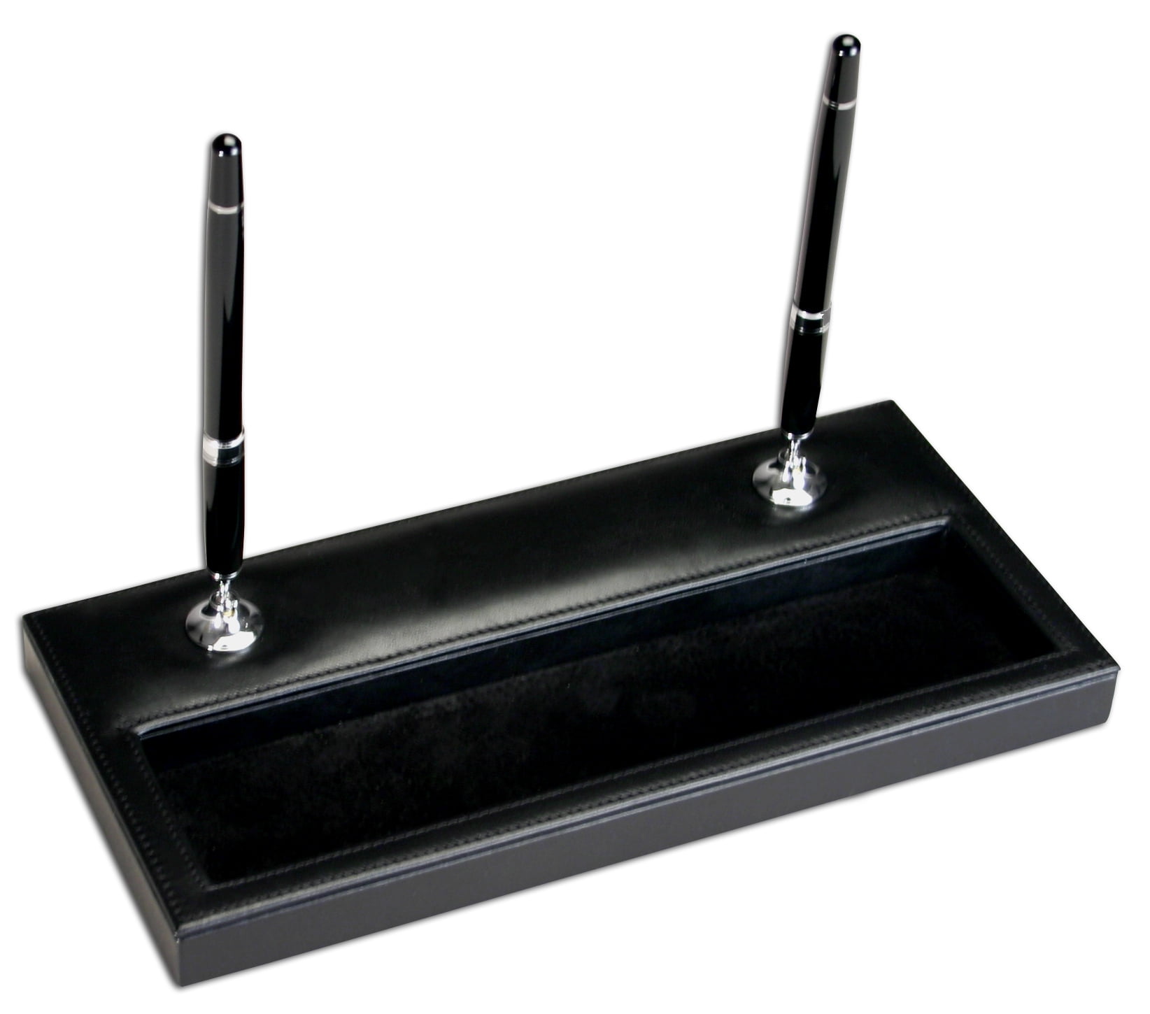 Classic Black Leather Double Pen Stand With Silver Accents Com